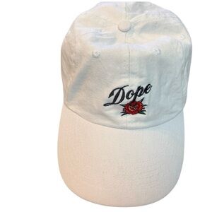 White Cap with Embroidered Rose and 'Dope' dad cap